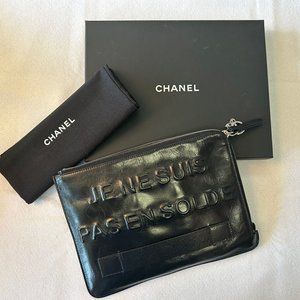 CHANEL 15S "Je Ne Suis Pas En Solde" Black Distressed Calfskin Pouch Clutch